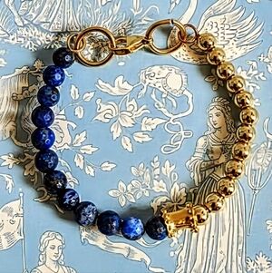 Natural Dark Blue Lapis Lazuli  & Gold Balls In Half And Half Beaded Bra…